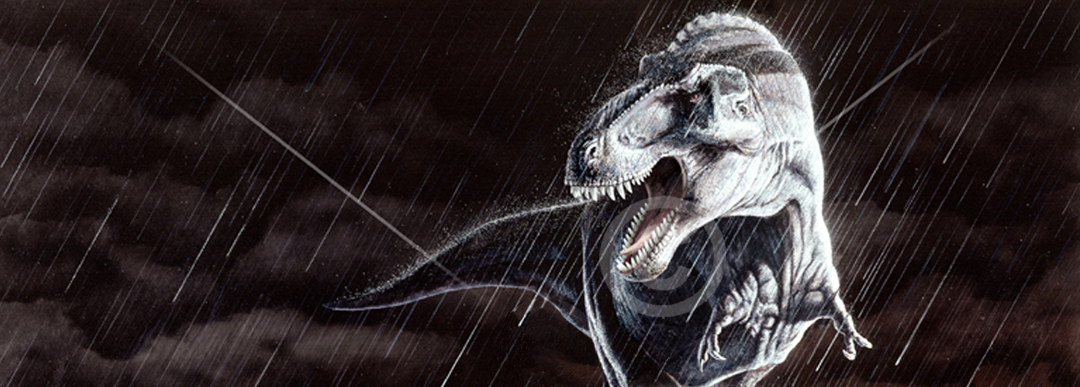 'Storm Front' Tyrannosaurus rex roars as she flees an approaching Thunderstorm.